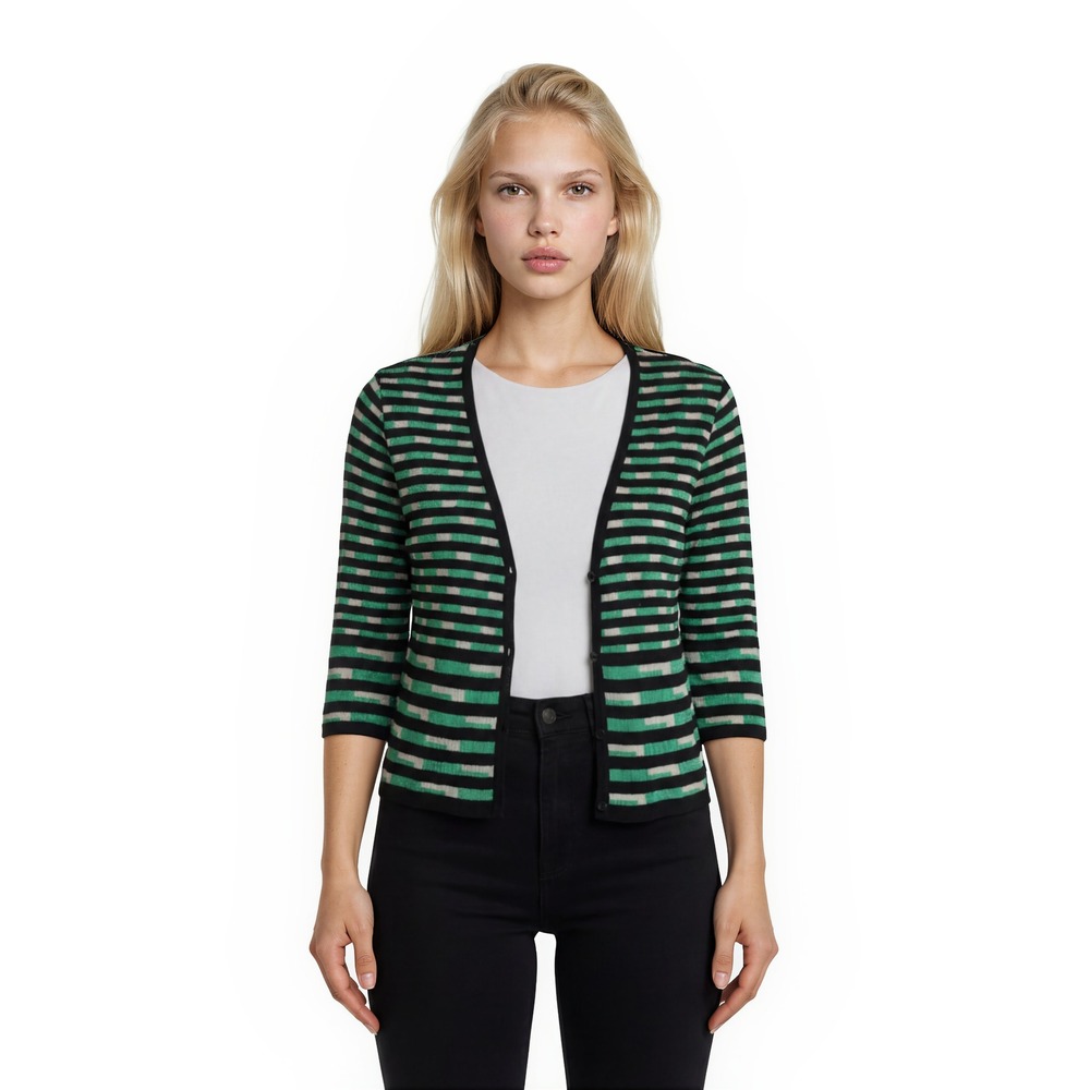 Ming Wang Knit Cardigan Sweater Blazer Womens Size PM Green Black Striped Jacket